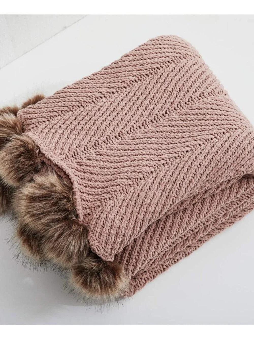Fur Pom Pom Knit Throw Blanket Super Soft Warm Cozy Cable Knitted Blanket for_8